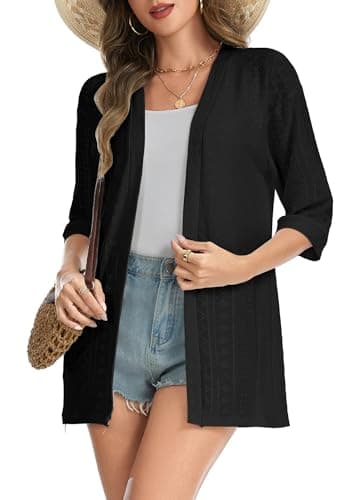 Dimur Kimonos for Women 3/4 Sleeve Cardigans Lightweight Cover Ups Business Casual Outfits Womens Beach Fashion Clothes Black Large - Thumbnail 5