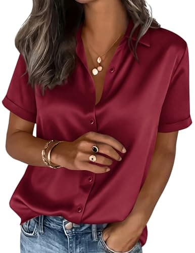 PRETTYGARDEN Womens 2026 Summer Button Down Shirts Short Sleeve Work Tops Dressy Satin Blouses Spring Business Casual Outfits (Burgundy,XX-Large) - Image 1