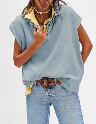 Haellun Oversized Polo Shirt for Women Casual Summer Tee Tops Cap Sleeve Collared Cotton Shirts(Light Blue,M) - Thumbnail 2