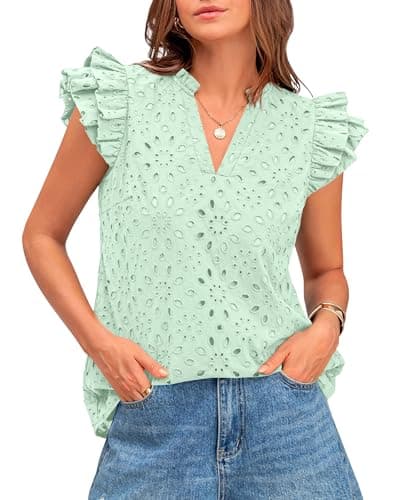BTFBM Spring Summer Tops for Women 2026 Dressy Casual V Neck Ruffle Cap Sleeve Embroidered Eyelet Blouses Resort Wear(Light Green, Medium) - Image 1