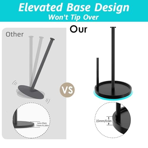 Paper Towel Holder Countertop, Standing Paper Roll Holder with Anti Slip Weighted Base, Stainless Steel Freestanding Paper Towel Holder for Kitchen, Black - Thumbnail 2