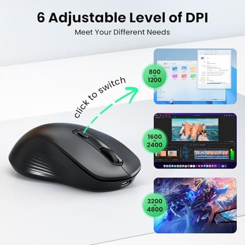 TECKNET Rechargeable Bluetooth Mouse, [ USB + BT5.0 + BT3.0 ] Wireless Mouse, Ergonomic Design, Silent Click, 6-Level 4800 DPI Wireless Mice, 3-Device Switching for Laptop, Computer, iPad, MacBook - Thumbnail 5