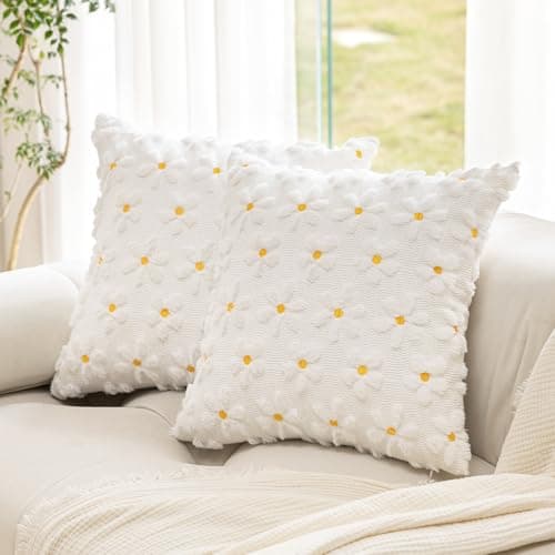 KIDHABE Spring Summer Pillow Covers 18x18 inch, Set of 2 Soft Faux Fur Jacquard Cream White Daisy Throw Pillow Cases for Sofa Couch Holiday Spring Home Decor - Image 1