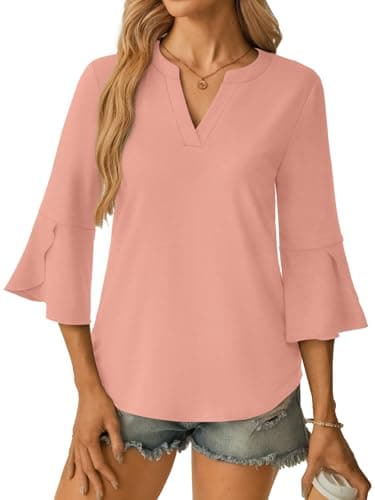 GKBK Women's Blouses Ruffle 3/4 Sleeve Dressy Top V Neck Casual Tunic Blouses Business Shirts Pink L - Thumbnail 2