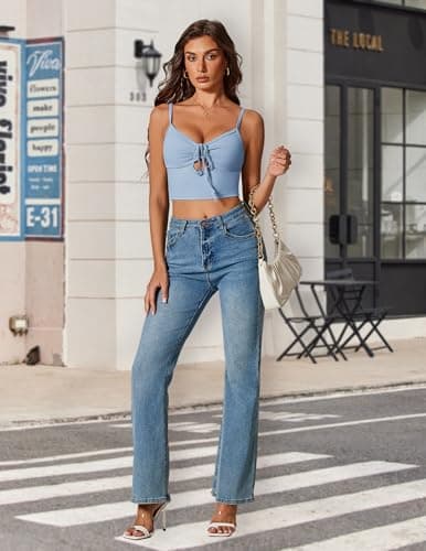 Avidlove Women Sexy Tie Front Crop Top V Neck Cutout Spaghetti Strap Y2k Cami Tank Top Going Out Camisole Tops Blue - Thumbnail 6