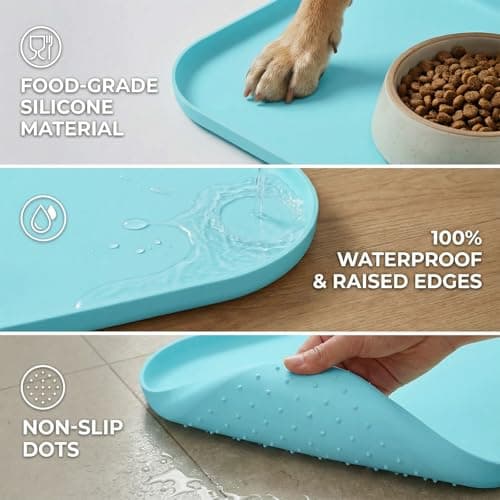 BLESWIN Waterproof Silicone Pet Feeding Mat with Raised Edge,Non-Skid Spill Proof Dog Bowl Mats, Easy Clean Cat Bowls Placemat for Cats and Dogs - Thumbnail 4