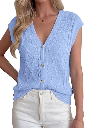 BTFBM Sweater Vest Women V Neck Cap Sleeve Button Down Knit Tops Spring Summer 2026 Loose Lightweight Cardigan Vests(Light Blue, XX-Large) - Image 1