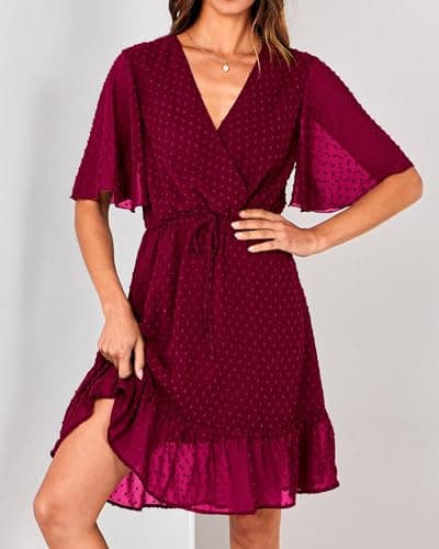 KIRUNDO Womens Summer Dresses 2026 Casual Spring Short Sleeve V Neck Ruffle Swiss Dot High Waist Belted Flowy Mini Dress, Style2-wine Red, Medium - Thumbnail 6