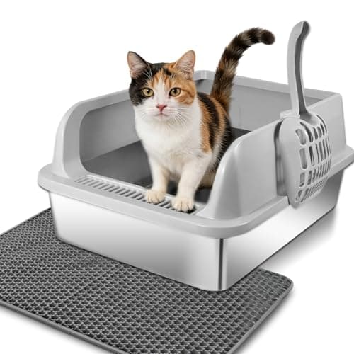 Stainless Steel Cat Litter Box with Lid, High Wall Kitty Litter Box for Small Cats, Metal Kitty Litter Box, Non-Sticky, Anti-Leakage, Easy Cleaning, Include Cat Mat and Scoop, 17.2"x13.2"x7.7" - Image 1