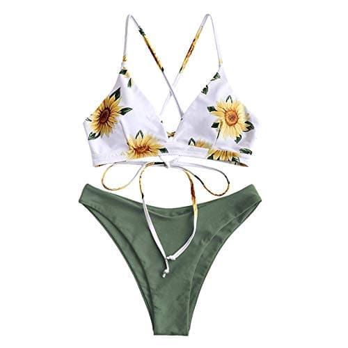 ZAFUL Women's Sexy Triangle Bikini Set Floral Print Spaghetti Strap 2 Piece Swimsuit Crisscross High Cut Bathing Suit Green L - Thumbnail 3