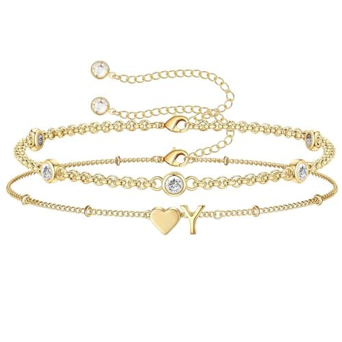 Turandoss Initial Bracelets for Girls - Bracelet with Heart Letter Y Charm, 14k-Gold-Plated Jewelry Stack Personalized Gifts for Girls - Image 1