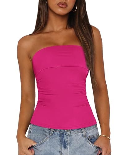 BTFBM Womens Strapless Tube Tops Spring Summer Clothes 2026 Trendy Casual Ruched Stretchy Going Out Bodycon Bandeau Top(Rose Red, Small) - Image 1