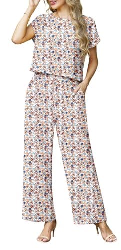 Lepunuo Summer 2 Piece Outfits for Women Cozy Cap Sleeve Crop Top Wide Leg Pants Set Matching Boho Travel Beach Lounge Set - Image 1