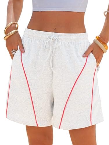 EXLURA Womens Cotton High Waisted Sweat Shorts Summer Athletic Workout Shorts with Pockets Drawstring Lounge Running Short Light Grey - Image 1