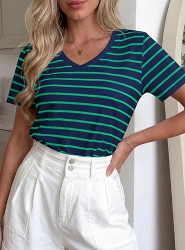 PRETTYGARDEN Short Sleeve Shirts for Women 2026 Spring V Neck Cute Tops Casual Striped Shirt Knitted Tees Summer Outfits (Striped Blue Green,XX-Large) - Thumbnail 2