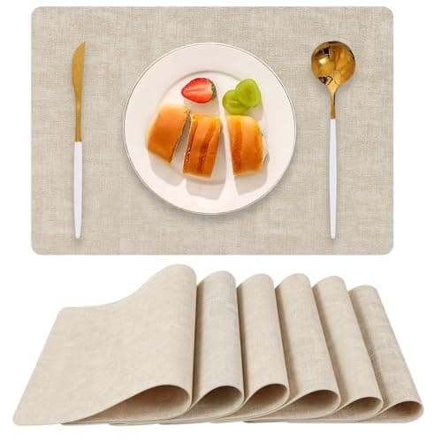 Boobezeen Faux Leather Placemats Set of 6, Heat Resistant Wipeable Washable Vinyl Place Mats, Waterproof Anti-Slip Dining Table Mats, Suitable for Indoor & Outdoor Use (Beige) - Image 1