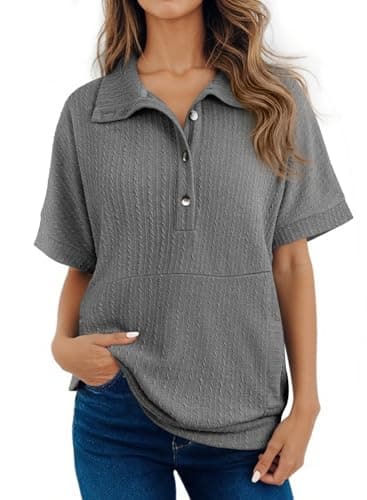 Dokotoo Spring Summer Tops for Women 2025 Button Down Short Sleeve Shirts for Women Lapel V Neck Oversized Shirts Ladies Tops and Blouses Solid Tunic Tops for Women Loose Fit Dressy Grey Shirts M - Image 1