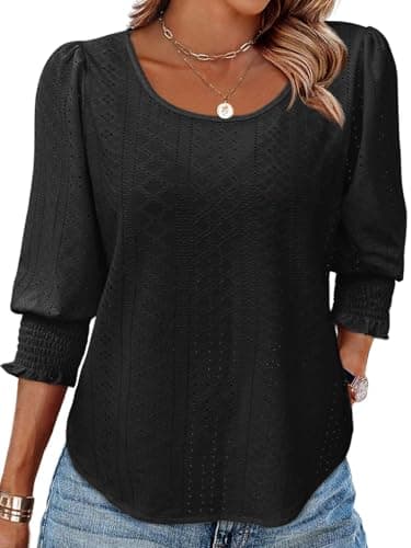 Tankaneo Women's Eyelet Embroidered Blouse Black Puff 3/4 Sleeve Square Neck Smocked Cuff Top Casual Shirts for 2025 - Image 1