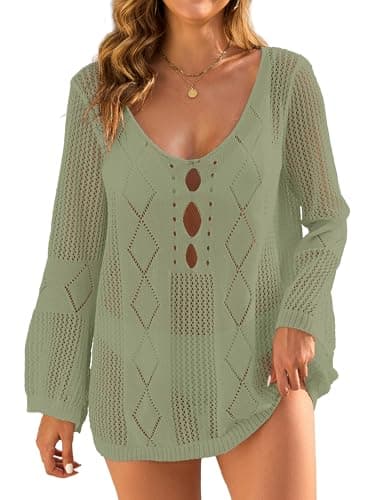 VIAURBE Women Bathing Suit Cover Ups Long Sleeve Sexy Crochet Beach Cover Up Knit Summer Swimsuit Coverup Cut Out Mini Dress Light Green 2XL - Image 1