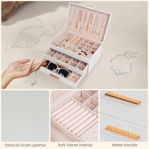 Dajasan Jewelry Boxes for Women, Jewelry Box Organizer with 2 Drawers, 3-Tier Large Jewelry Holder Organizer Box for Necklace Ring Earring Bracelet, Gift Idea, Modern Style (White) - Thumbnail 4