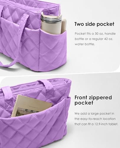 Uselike Tote Bag for Women, Lightweight Puffer Tote Work Bags with Compartments for Travel, Quilted Shoulder Bag with Zipper (Purple) - Thumbnail 3