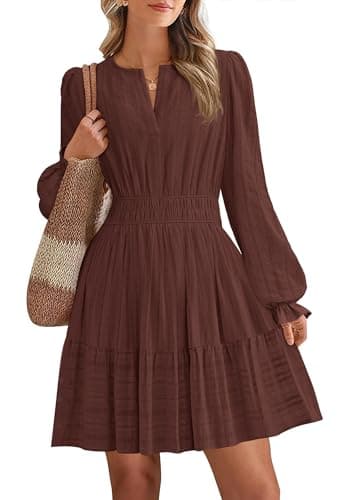 BTFBM Mini Dresses for Women 2026 Casual Lightweight Long Sleeve V Neck A Line Elastic Waist Party Holiday Dress(Red Brown, XX-Large) - Image 1