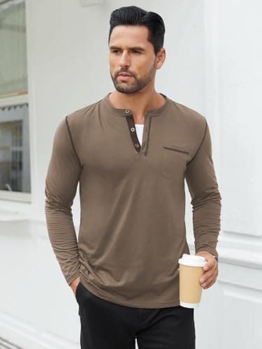 Hardaddy Men's Color Contrast Henley Shirt Long Sleeve Button T-Shirt Lightweight Henley Tshirt for Men Basic Pullover Shirt with Pocket Coffee 3XL - Thumbnail 2