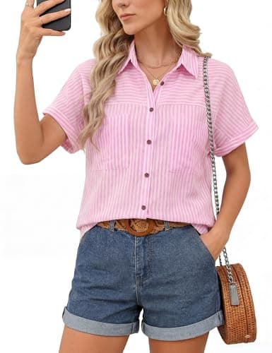 Kistore Women's Button Up Shirts Summer Short Sleeve Shirt for Vacation Blouse for Women Dressy Casual Loose Fit Pink Striped S - Image 1