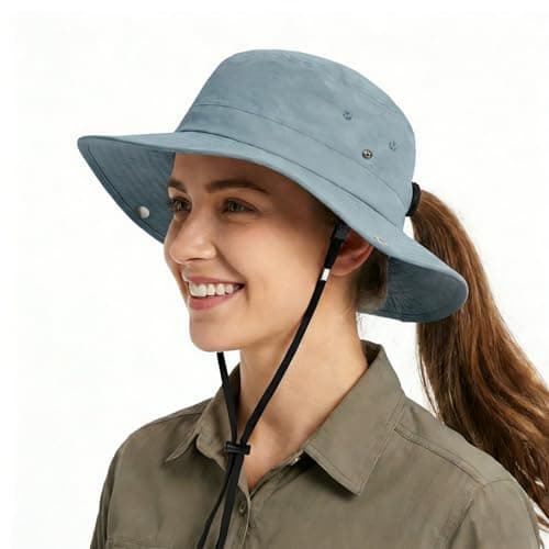 Womens Sun Hat with Hidden Ponytail Opening Wide Brim UPF50+ Waterproof Bucket Rain Hat with Removable Chin Strap for Outdoor Blue Gray - Image 1