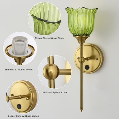 BOXCUPIN Modern Wall Sconces with Green Flower Glass Shade 1 Pack, Mid Century Bathroom Vanity Wall Light Fixtures Gold Vintage Wall Lights with Switch for Mirror Bedroom Living Room - Thumbnail 3