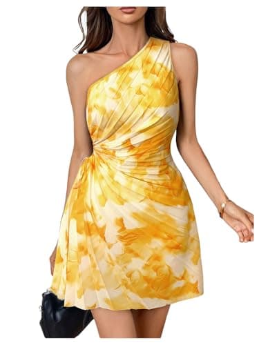 MakeMeChic Women's Summer Dress 2026 Tie Dye One Shoulder Mini Dress Pleated Cut Out Wedding Guest Dresses Yellow X-Small - Image 1