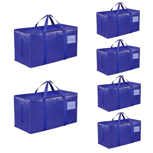 6 Pack-Extra Large Heavy Duty Moving Bags - Waterproof Storage Totes with Handles & Zippers, Foldable for College Dorm, Storage (Blue) - Image 1