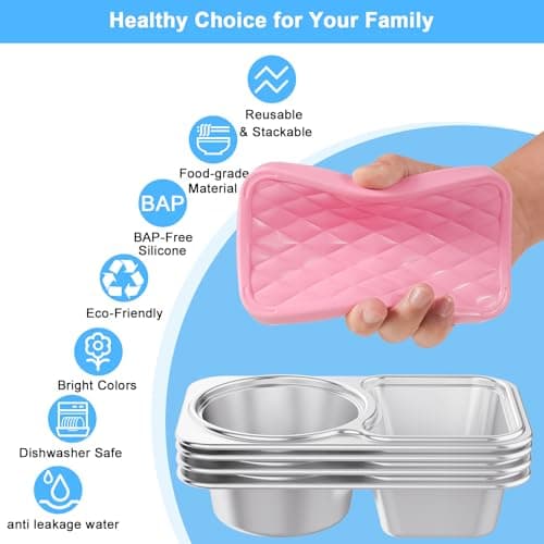 Upmely Stainless Steel Snack Containers, 2 Compartment Leak-Proof Snack Containers with Sillicone Lids, Reusable small Food Storage Containers for School,Travel, Outdoor, Camping,office (2) - Thumbnail 2