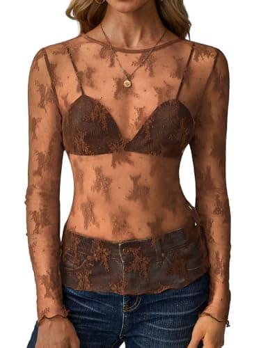 GKBK Womens Mesh Long Sleeve Tops Crew Neck Sexy See Through Tee Dressy Casual Shirts Party Club Night Lace Blouse Western Wear Outfit Clothes Going Out Clothing Brown XXL - Image 1
