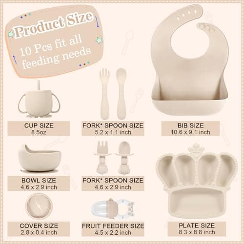 Silicone Baby Feeding Set 10 Pcs Baby Led Weaning Supplies Suction Bowl Divided Plate Baby Bibs Fruit Feeder Baby Spoons Forks Sippy Cup Toddler Utensil Sets Baby Essentials for Newborn Gift - Thumbnail 2