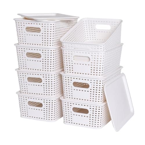 Ohmlove Plastic Storage Baskets with Lid - Plastic Storage Containers Stackable Storage bins: Storage Baskets for Organizing Shelves Drawers Desktop Closet Playroom Classroom Office, 8 Pack-White - Image 1