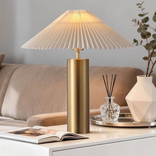 YJSQOEOE Modern Table Lamp with Pleated Blade Lampshade and Cylindrical Base, E26 Bulb Compatible, Contemporary Accent Light for Living Room, Bedroom, Office (Gold)