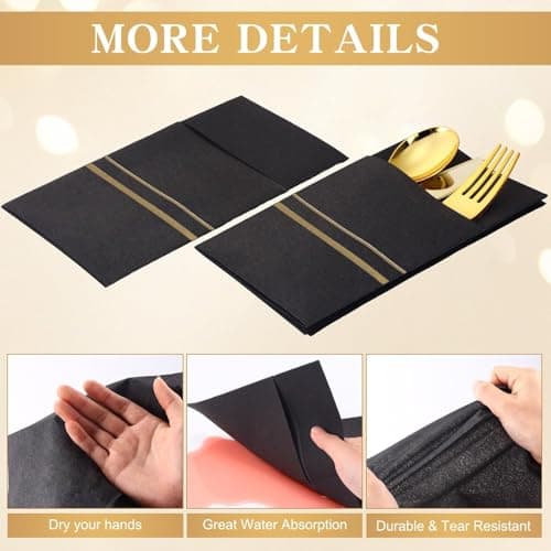 50Pack Cloth-Like Hand Napkins, Linen Feel Dinner Napkins with Flatware Pocket for Weddings, Parties & Holidays(Black) - Thumbnail 3