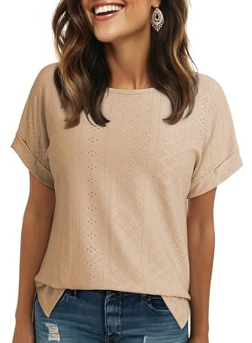 Dokotoo Tops for Women Trendy 2026 Dressy Casual Boat Neck Loose Fit Short Sleeve Hollow Out Lace Embroidered Summer Blouses Shirts Business Outfits Ladies Tops (Beige,X-Large) - Image 1