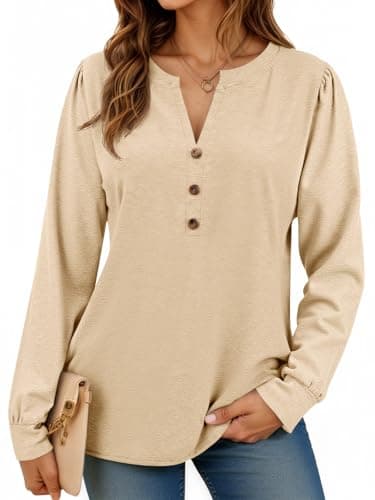 Cicy Bell Womens Puff Long Sleeve Henley Shirts Trendy Casual V Neck Button Up Tunic Tops Loose Fit Basic Tees Beige - Image 1
