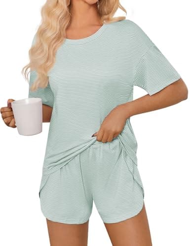 JUSTFASHIONNOW Womens Pajama Sets Shorts Striped Print Two Piece Lounge Sets Crew Neck Sleepwear Soft Pjs Split Shorts Set Summer Outfits Cute Pajama Sets for Women Pink S Cyan S - Thumbnail 2