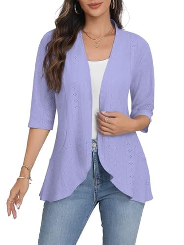Askyes Women's Casual Cardigan Eyelet Embroidery Open Front Spring Loose Lightweight Beach Cardigan 3/4 Sleeve,Lavender,XL - Image 1