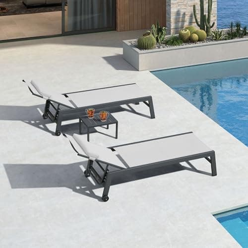 PURPLE LEAF Outdoor Lounge Chair Set of 3 Patio Chaise Pool Lounger Aluminum Frame with Side Table and Wheels for Outside Sunbathing Tanning Recliner Including Pillows White - Thumbnail 3