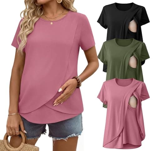 Ekouaer Nursing Shirts 3 Packs Short Sleeve Breastfeeding Tops Summer Maternity T Shirts Postpartum Double Layer Clothes Black/Army Green/Gray Purple M - Image 1