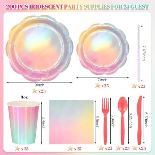 NatNarr 200 Pcs Iridescent Pastel Party Supplies Decorations, 25 Guest Scalloped Iridescent Pastel Plates and Napkins, Holographic Rainbow Plates Cups Napkins Straw Silverware for Girls Birthday - Thumbnail 3