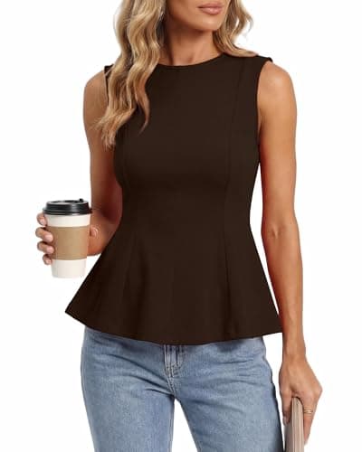 BTFBM Womens Summer Tops 2026 Business Casual Outfits Crew Neck Sleeveless Shirts Slim Fit Peplum Tank Top(Dark Brown, Small) - Image 1