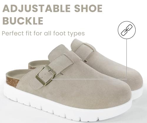 Genuine Leather Chunky Big Buckle Platform Clogs for Women Memory Foam Arch Support Cork Footbed Potato Shoes Mules-Benton Grey - Thumbnail 4