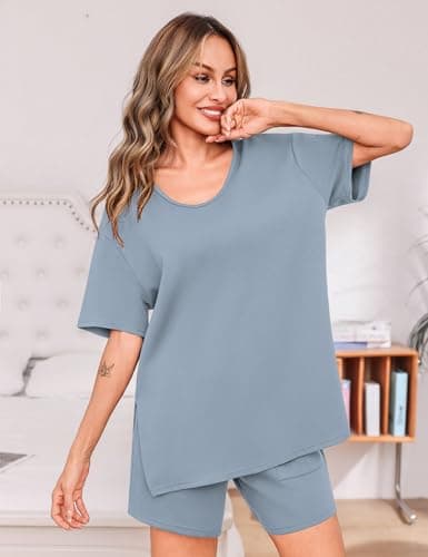 Totatuit Womens Oversized T Shirt and Shorts Set 2 Piece Lounge Outfits High Waist Bermuda Shorts with Pockets Casual Summer Matching Sets Gray-blue Medium - Thumbnail 5