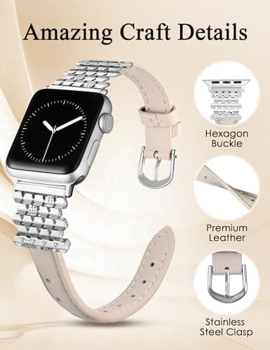 Wearlizer Leather Band Compatible with Apple Watch Bands Women 42/44/45/46/49mm, Dressy Fancy Interlocking Hexagon Buckle Strap for iWatch Series 11 10 9 8 7 6 5 4 3 SE/Ultra 3 2 1-Starlight/Silver - Thumbnail 2