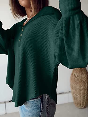 BTFBM Womens Fall Fashion 2026 Long Sleeve Shirts Casual V Neck Ribbed Knit Blouses Pullover Trendy Loose Fit Tunic Tops(Turndown Dark Green, Medium) - Thumbnail 3